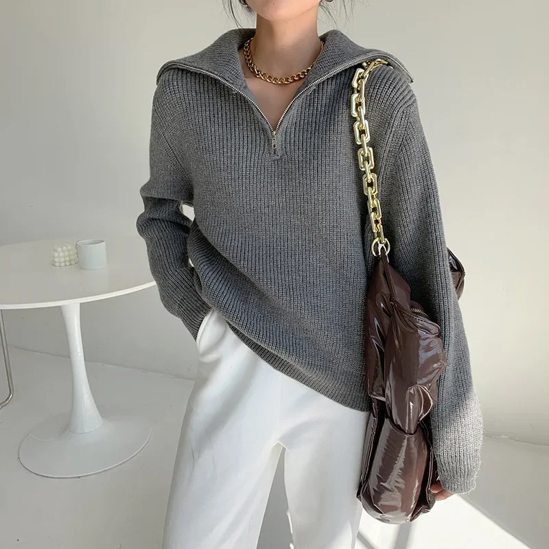 2024 Autumn Winter Women's New Arrivals Loose Fit Knitted Sweater with Retro Stripes, Open Neck and Zippered Big Lapel Pullover