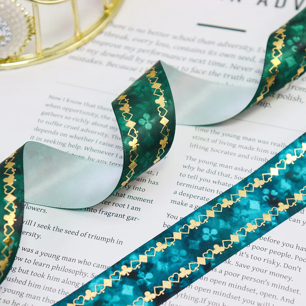 1\'\' 25mm Gold Foil Poker Spade Heart Diamond Club Printed Polyester Satin Ribbon For Gift Packaging DIY Sewing Accessories