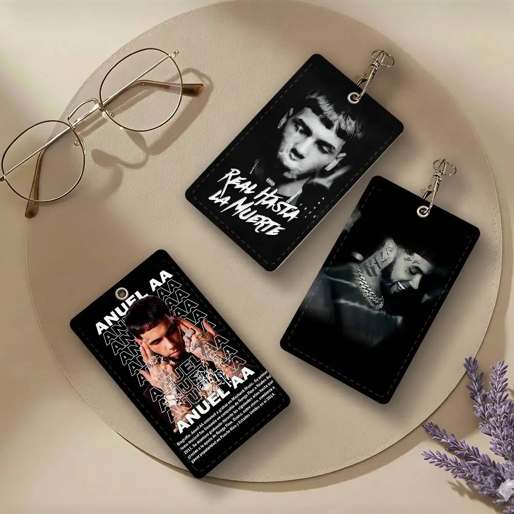 A-Anuel A A Rappers PU Leather Card Holders Anti-lost Student ID Protective Cover Cases Campus Access Cards Key Chain