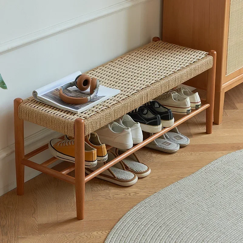 

Solid Wood Rattan Woven Shoe Stool Japanese Designer Retro Style Porch Shoe Rack Furniture Blending Tradition with Modern