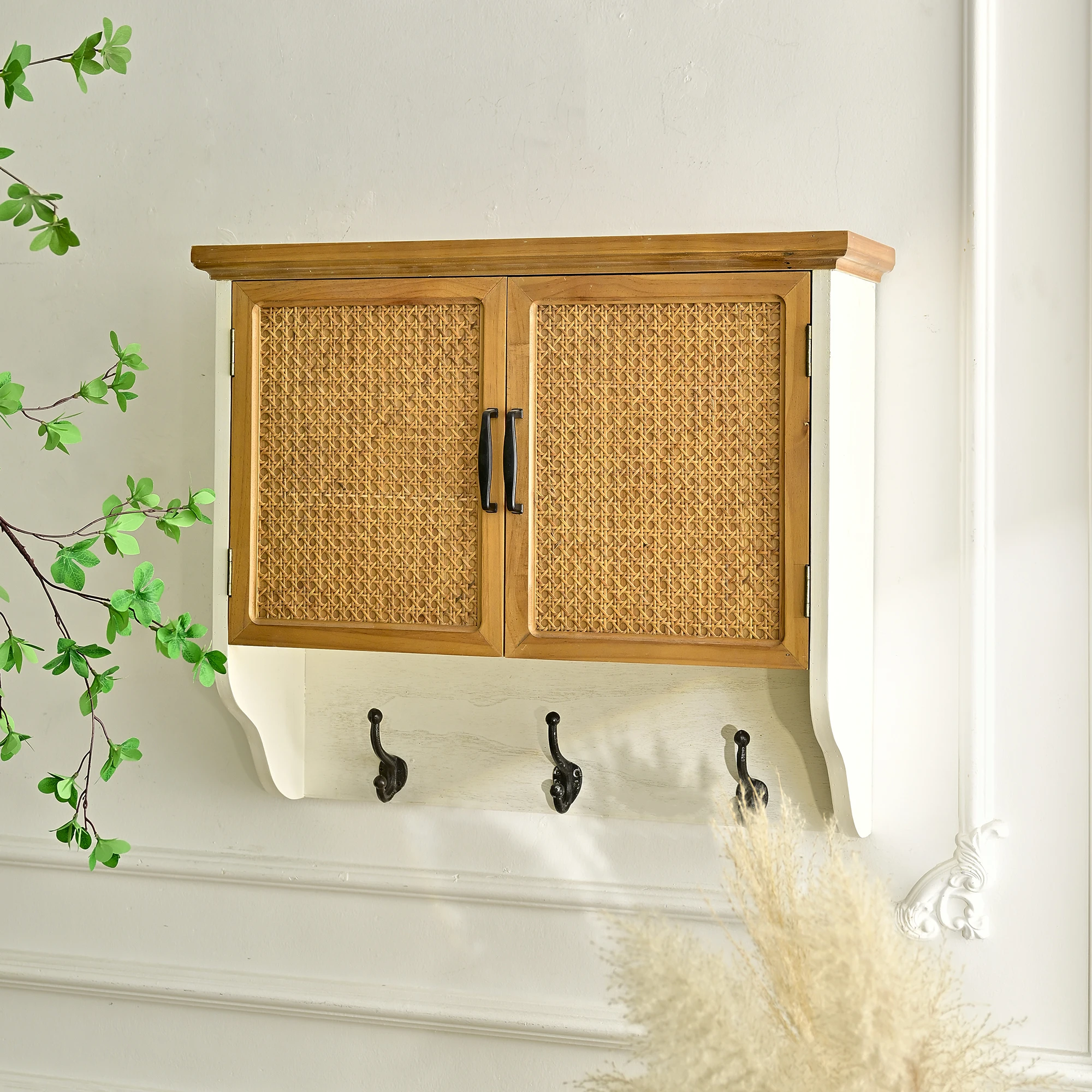 Solid wood living room furniture accent wood storage wall hanging cabinet with hook home furniture
