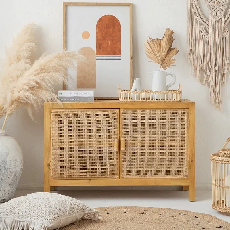 Japanese-style rattan storage locker Solid wood double door bedside creative storage side cabinet