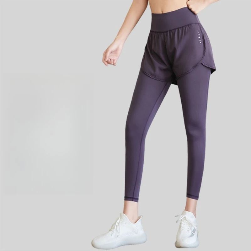 Breathable Mesh Panel Women's Running Tights High Waist Tummy Control Butt Lifting Seamless Yoga Leggings with Hidden Shorts