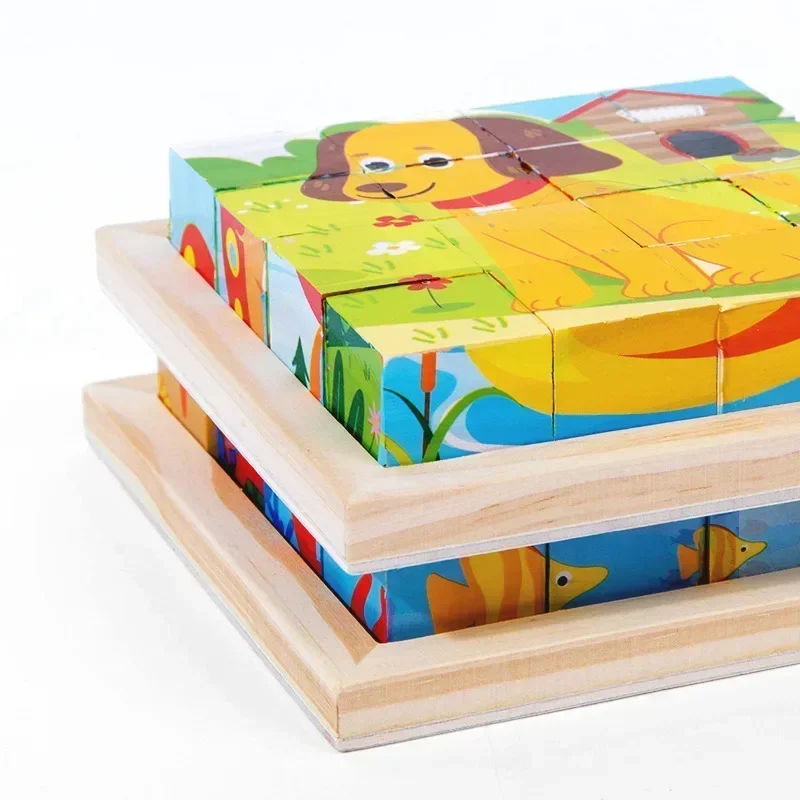 Bloques de madera para bebés, juguetes para niños, rompecabezas de seis cubos laterales, juego de animales, frutas, tráfico, juguetes educativos de Aprendizaje Temprano