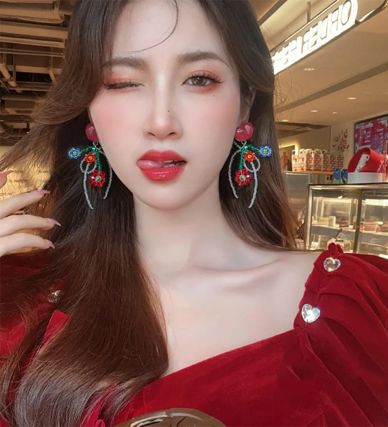 New Love Flower Bow Earrings Summer Cute Style Fashion Handmade Beaded Women\'s Sweet Earrings