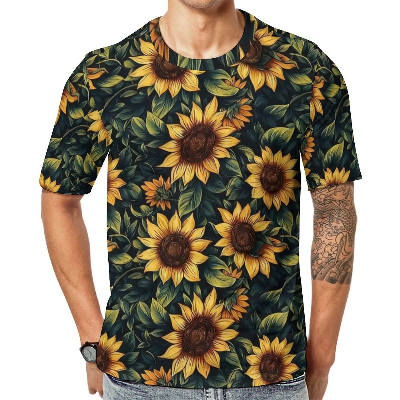 Summer T-Shirt Unique Wild Sunflower Florals T-Shirts  Y2K Fun Novelty Tee Shirt For Male Short Sleeve Design Oversized Clothing