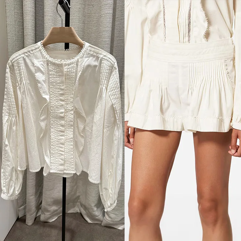 

【Подарок бесплатно】Женская ранняя весна 2026 нишевая рубашка и брюки во французском стиле INS в плиссированном стиле с рюшами и круглым вырезом с объемными рукавами