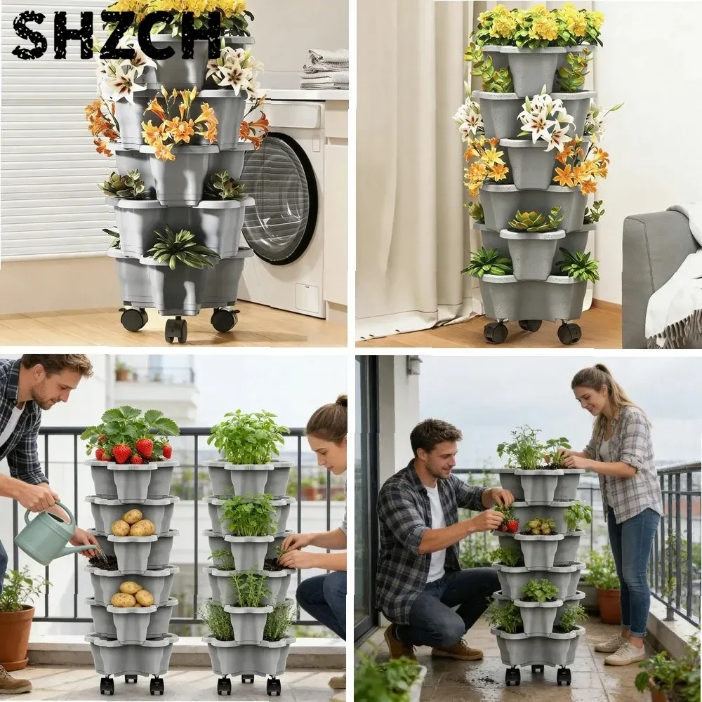 Plant Tower 6-Tier with Wheels Weatherproof Pots Stackable Vertical Planter Tower for Indoor Outdoor Home Yard Patio Raised Bed
