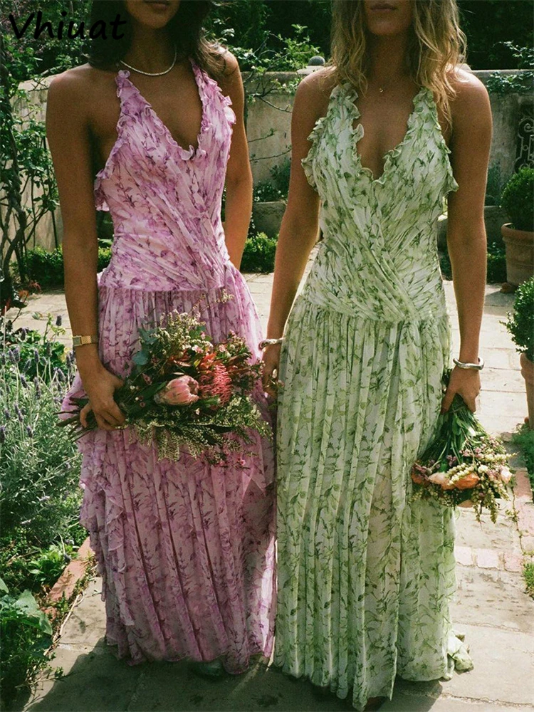 Vhiuat malha floral impressão sem mangas halter magro maxi vestido feminino elegante festa de férias noite verão vestidos longos 2025