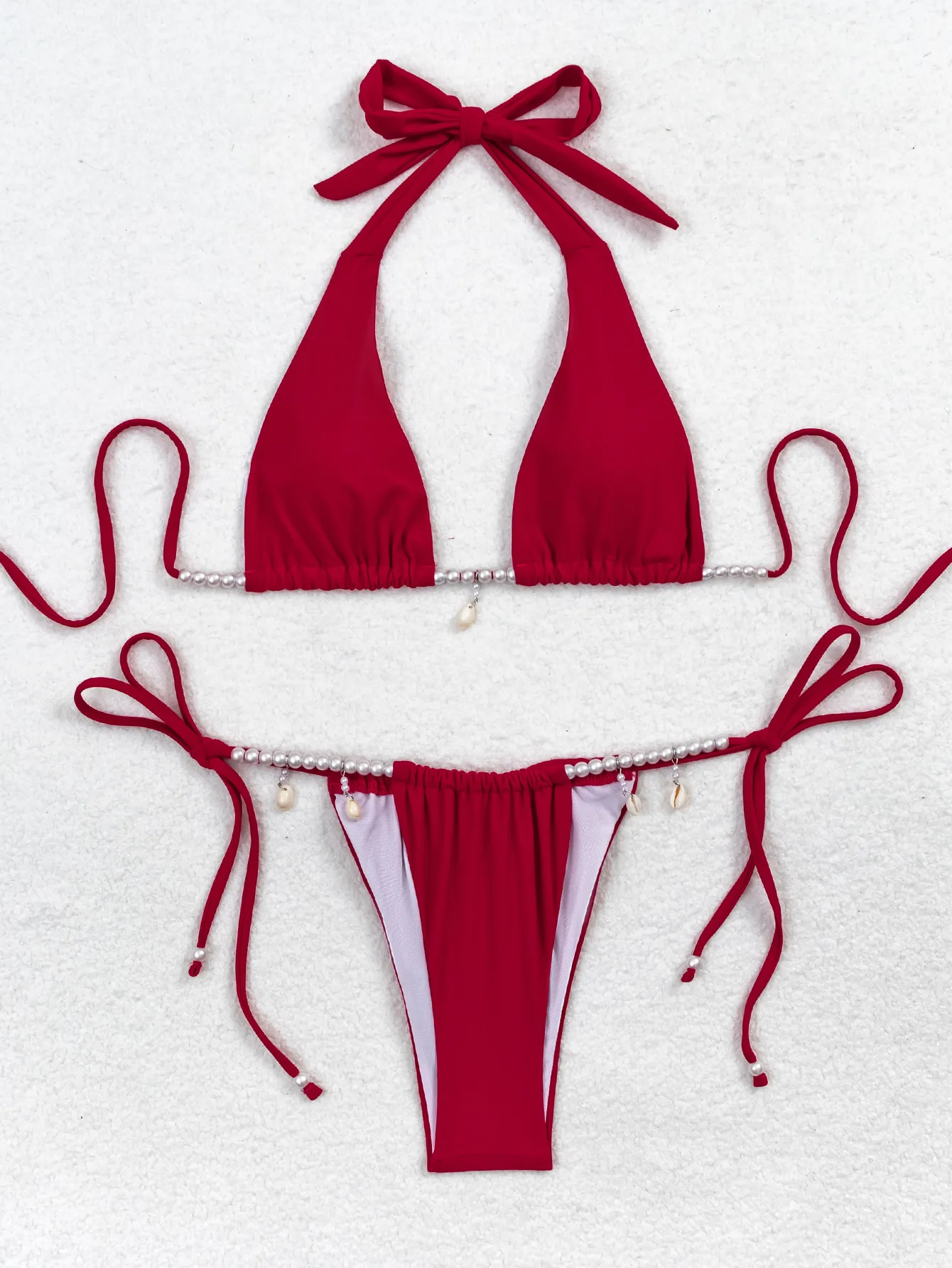 

Sexy Pearl Chain Red Halter Bikinis Sets Two Pieces Tie Thong Swimsuits Beachwear Bathing Suit Swimwear Biquini Tankini