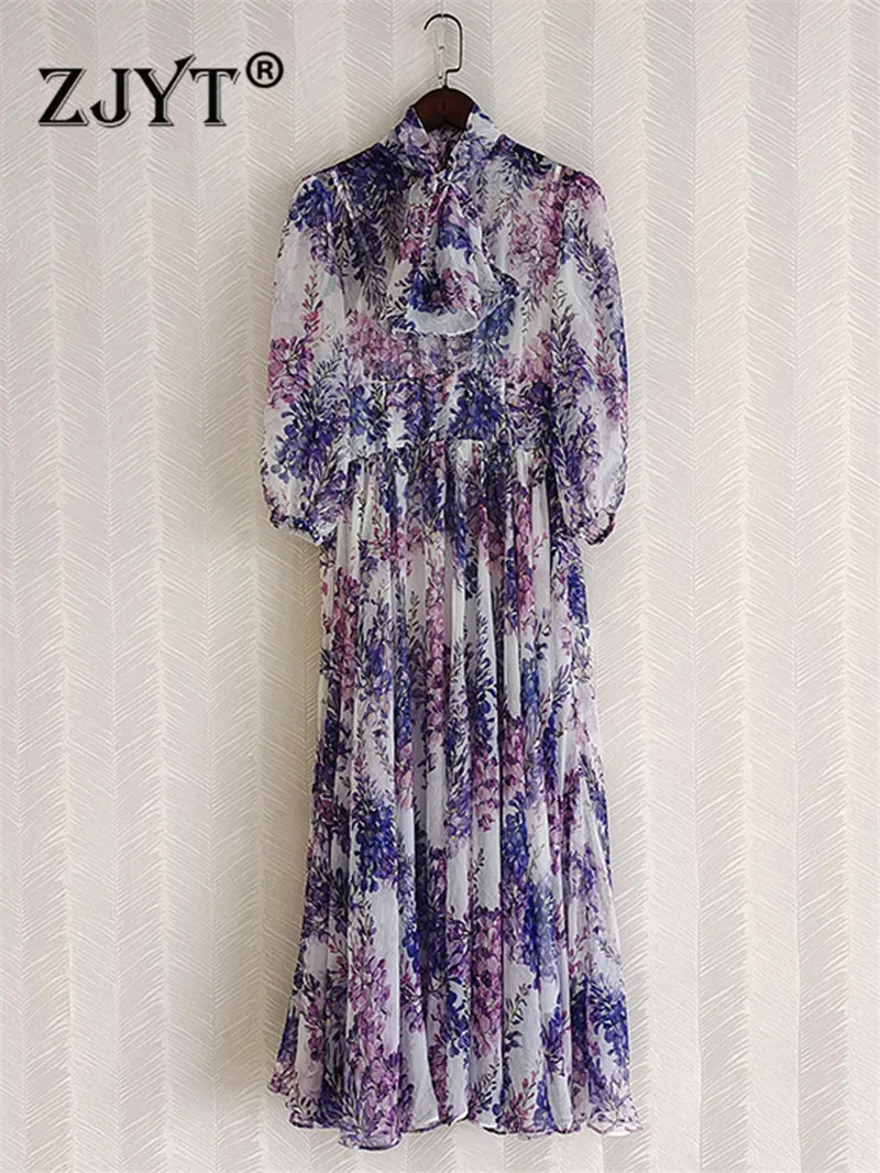 ZJYT Fashion Bohemian Style Purple Floral Print Maxi Chiffon Dress Women Elegant Bow Collar Long Vacation Beach Vestidos Spring