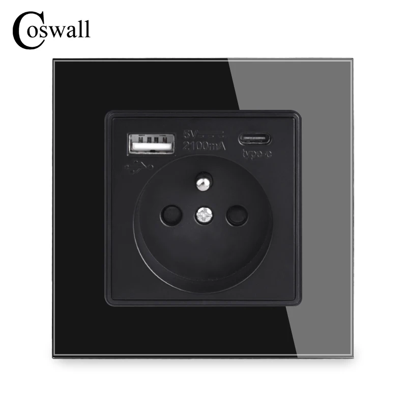 Coswall French Polish Standard Wall Power Socket Grounded USB Type A & Type-C Charge Port Tempered Glass Panel Black