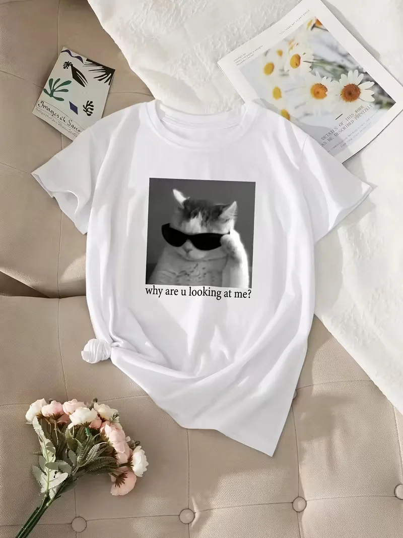 Cat Graphic Print T-shirt, Short Sleeve Top for All-Season, Women's Clothing Durable Oversize Casual T-shirt Daily Streetwear