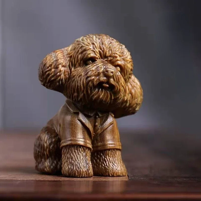 Moyu Зеленый Сандал Скаф Кипарис Резьба по дереву Ручная ручка Кусок Зодиакальная собака Тедди Французская боевая собака Украшение дома Чай Домашнее животное