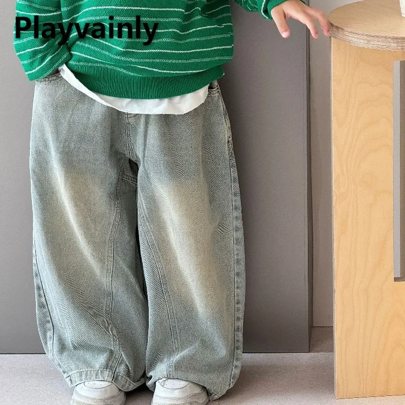 

Korean Style Boys Washed Straight Leg Jeans Retro Trendy Loose Wide Leg Pants Children Denim Trousers for Spring Autumn A5056
