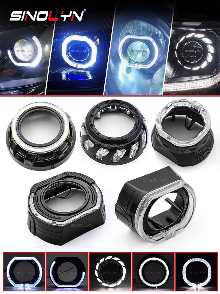 Osłony Sinolyn 2.5/3.0 cala, czarne, z efektem Angel Eyes, LED DRL, do soczewek projektora reflektorów, pasujące do Hella 3R/Q5, ramki Halo. — 2