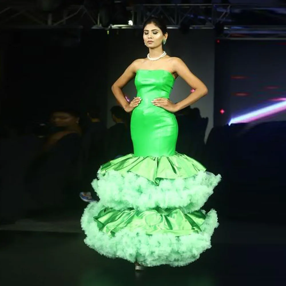 Eye Catching Neon Green Mermaid Evening Dresses With Big Volume Ruffles Tulle Bottom Strapless Long Evening Gowns