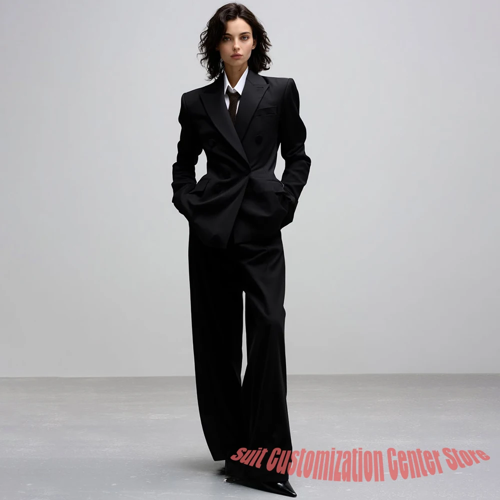 Women's Tailored Black Double Breasted Suit Set Slim Fit Jacket+Pants Two Pieces Formal Blazer for Evening Party & Business