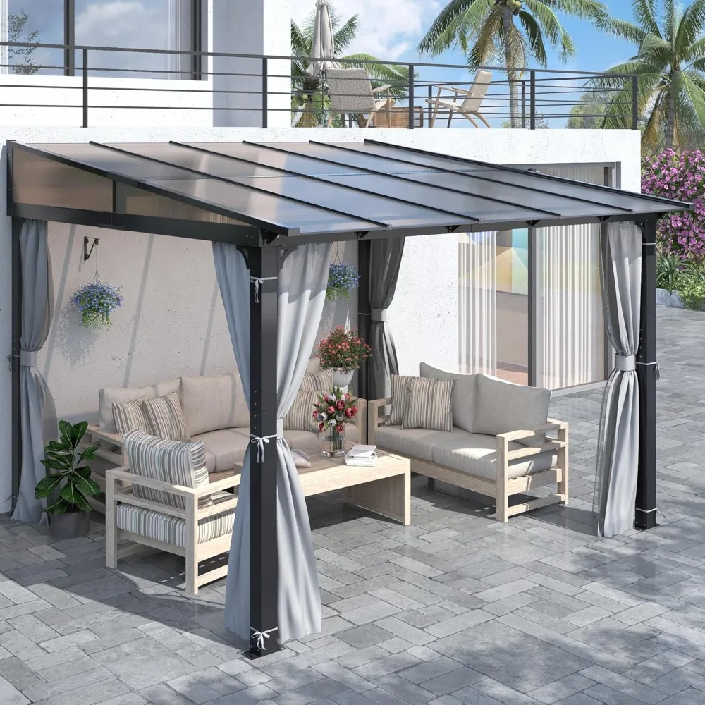 

10' X 10' Outdoor Polycarbonate Lean to Gazebo, Wall-Mounted Aluminum Frame Gazebo with Slope Hardtop, Patio Heavy