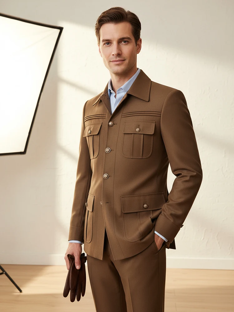 ST Cassy brown safari Men suits Slim fit Classic Fit Multi Buckle Multi Pocket  Casual Business Set Men's 2-piece Set