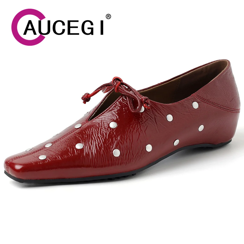 

Aucegi Hot Sale Slip-on Soft Genuine Leather Women Pumps Metal Rivet Square Toe Height Increasing Office Ladies Dress Shoes