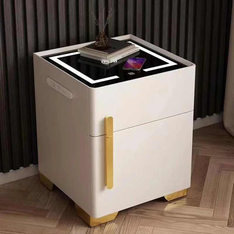

Wooden Leather LED Smart Nightstand USB Wireless Charging Night Stand White Modern Luxury Bedside Table for Bedroom