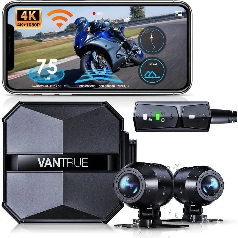 

F1 Motorcycle 4K Front and Rear Dash Cam, 4K + 1080P Motorcycle Camera, GPS, Full Body Waterproof, Wi-Fi