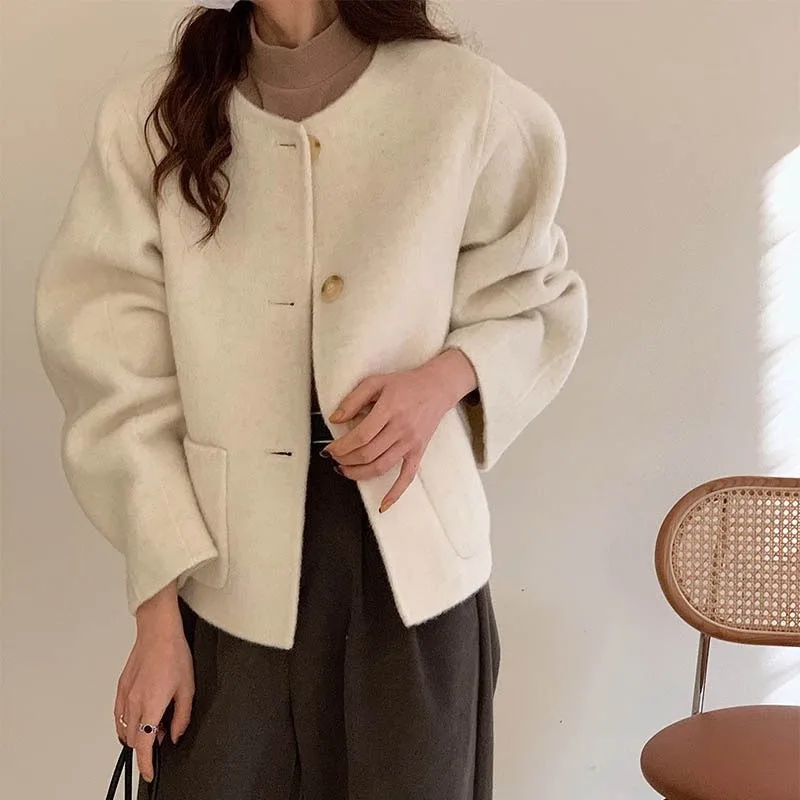 2024 Autumn and Winter New Solid Color Student French Style Short Loose Round Neck Wool Coat Women's Commuter Casual Wear