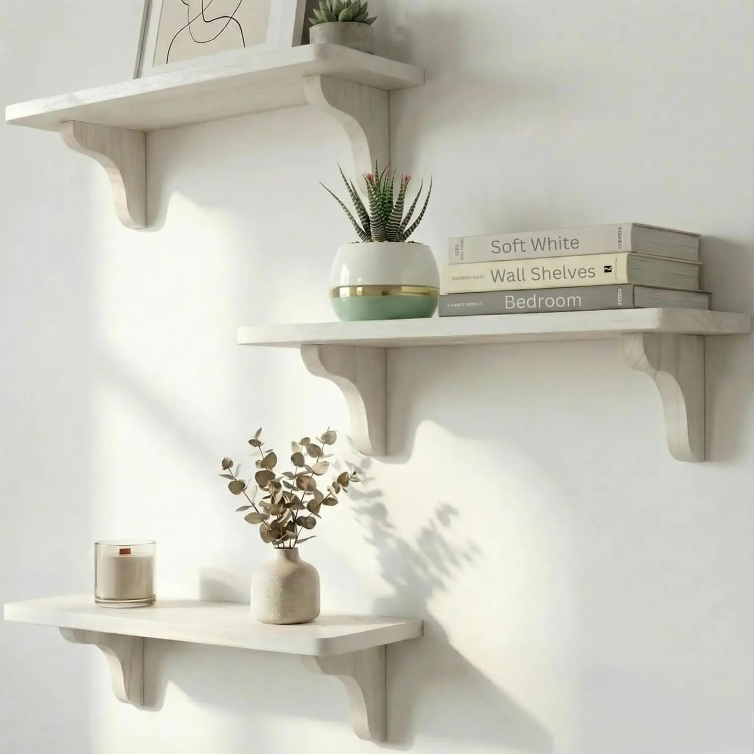 

Real Wood White Shelves for Wall - 17 inch (3 Pack) - Easy to Install, Template and Video Included - White Wall Shelves