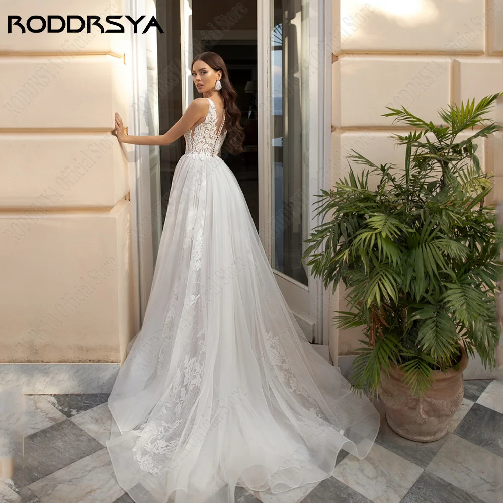 RODRSYA Classic Wedding Dresses Boho Style Sleeveless Lace Applique Vestidos RODDRSYA Clássicos Vestidos De Casamento Estilo Boho Sem Mangas Lace Applique Vestidos De Noiva A Linha Tulle Ilusão Voltar vestidos de novia