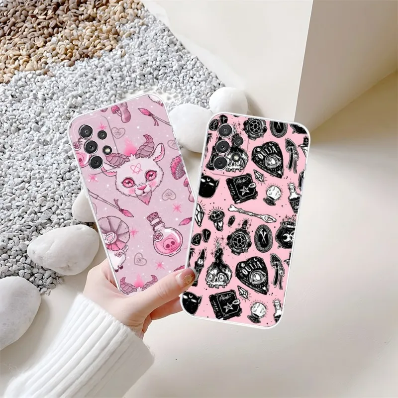 Pink Cat Skull Sorceress Witch Phone Case For Samsung S23 S20 S30 S22 S10E S10 20Fe Note 20 10 Pro Plus Ultra A12 A42 A71 Clear