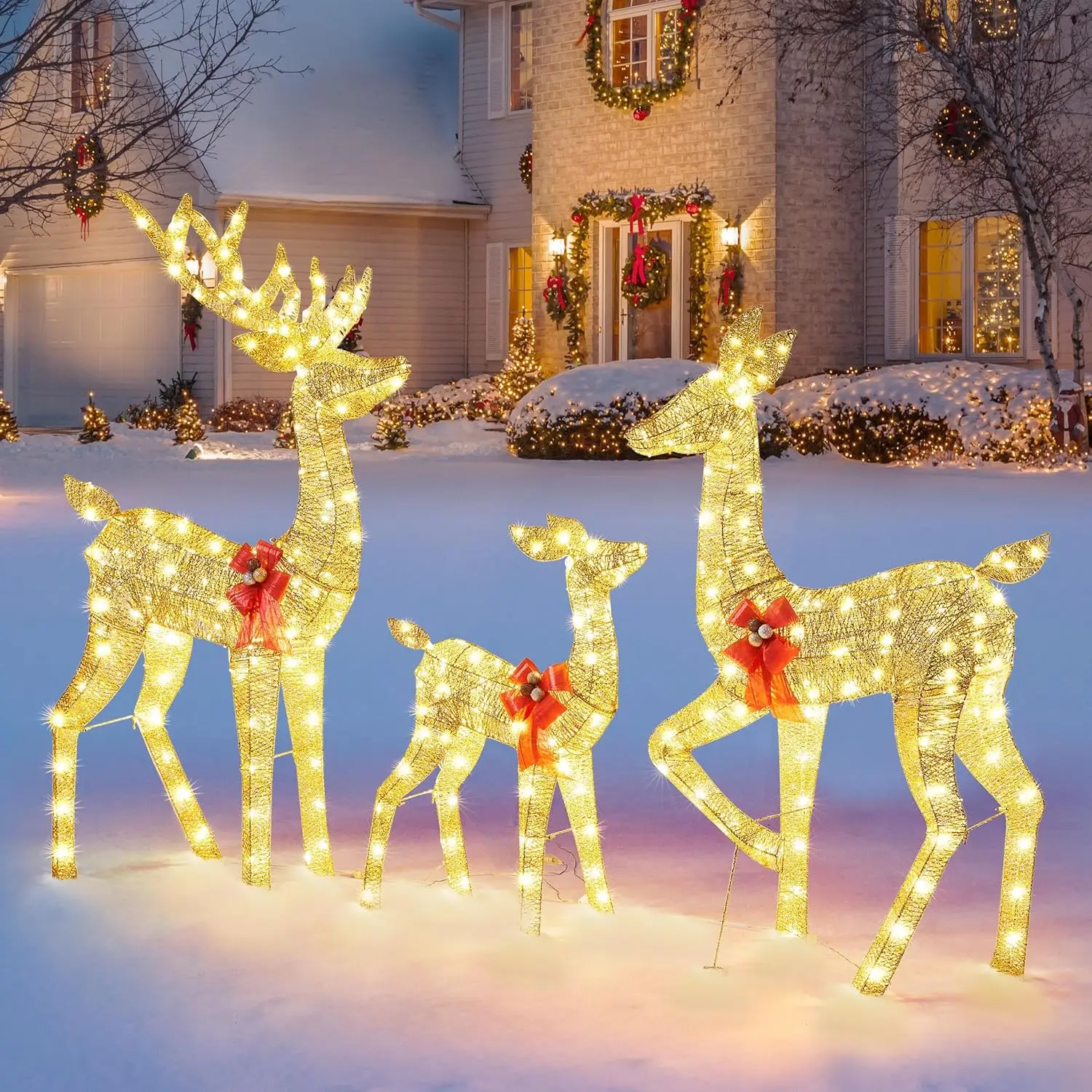 3-Piece Lighted Christmas Reindeer Family, Pre-Lit Outdoor Christmas Deer Set Decoration w/ 360 Warm White LED Lights