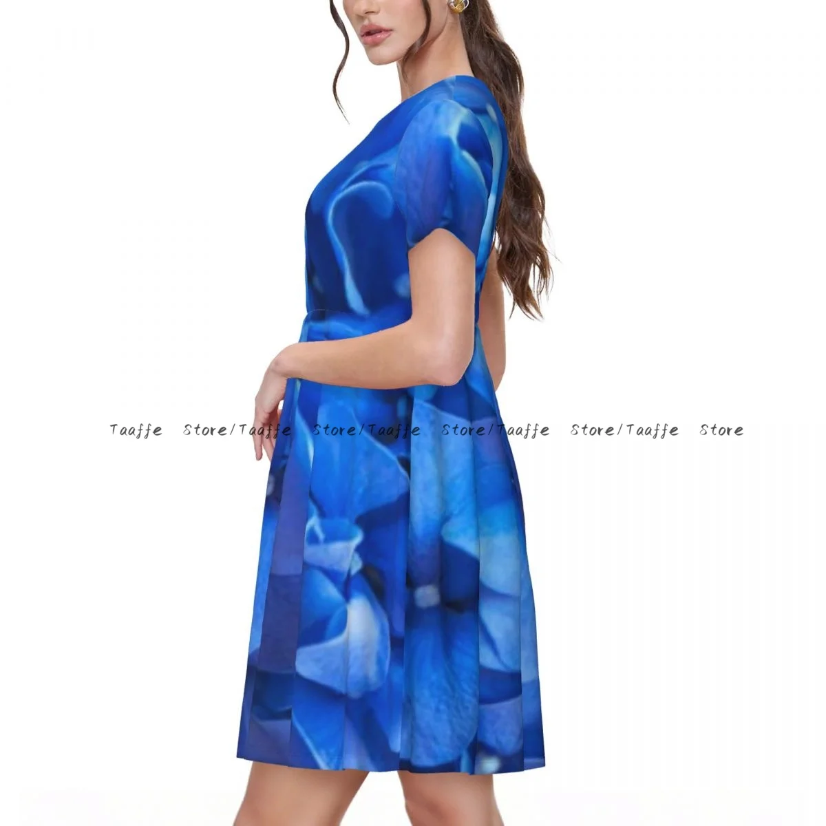 ผู้หญิงชุดลําลองหรูหราดอกไม้ไฮเดรนเยียสีฟ้าแขนสั้นชุดหลวมวันหยุดวันหยุดสุดสัปดาห์