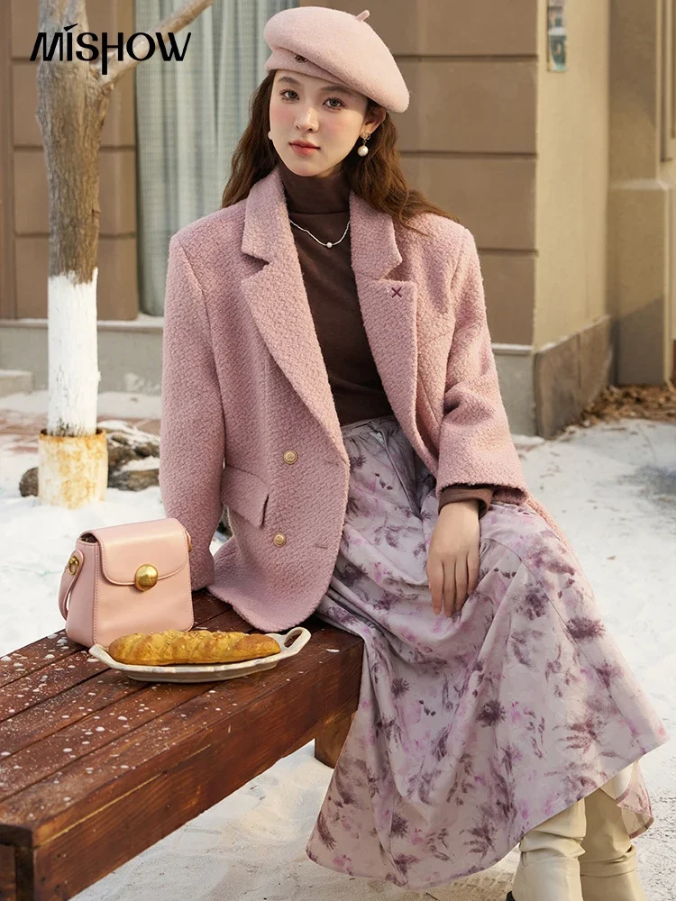 MISHOW Wool Blend Pink Coat Women 2023 Autumn Winter Thick Vintage Bouclé Woolen Blazer Warm Double Breasted Jacket MXC54W0133