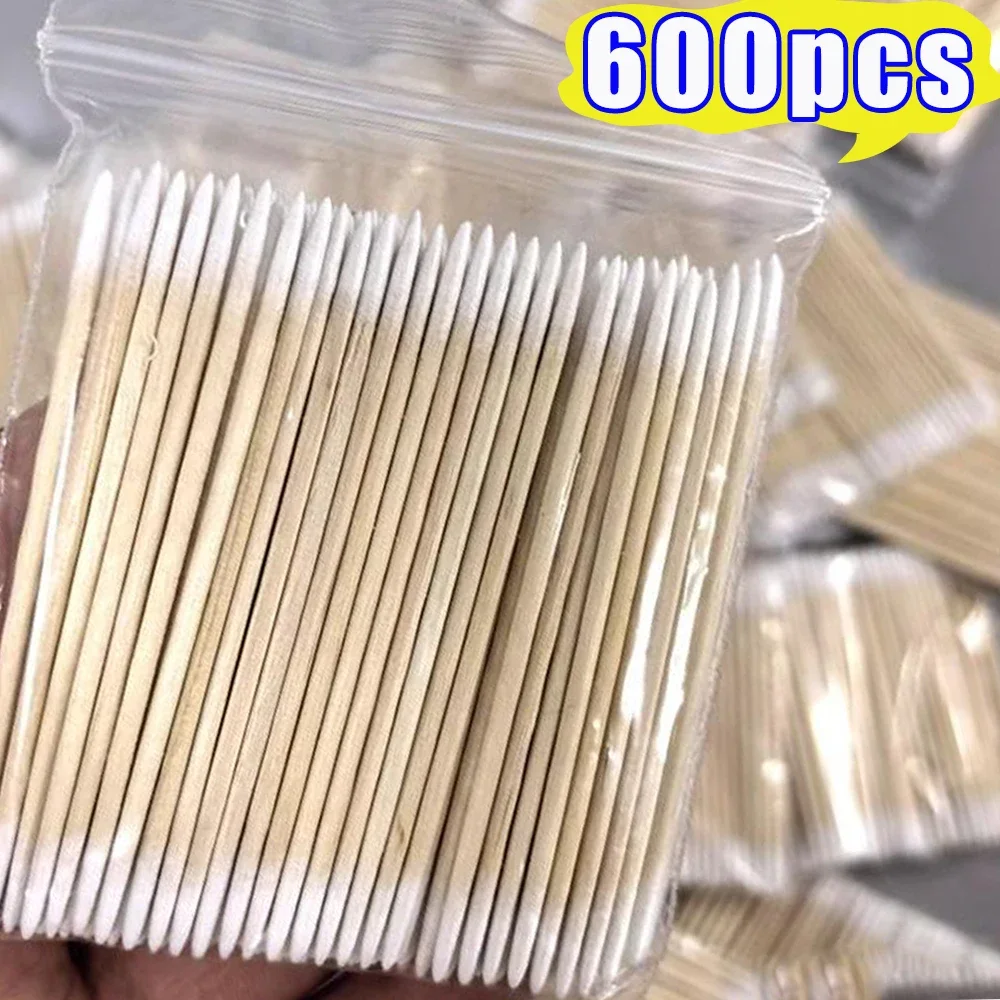 600pcs Wood Cotton Swabs Eyelash Nail Multi-functional Disposable Wooden Handle Cotton Swabs Lips Eyeliner Tattoo Makeup Tools