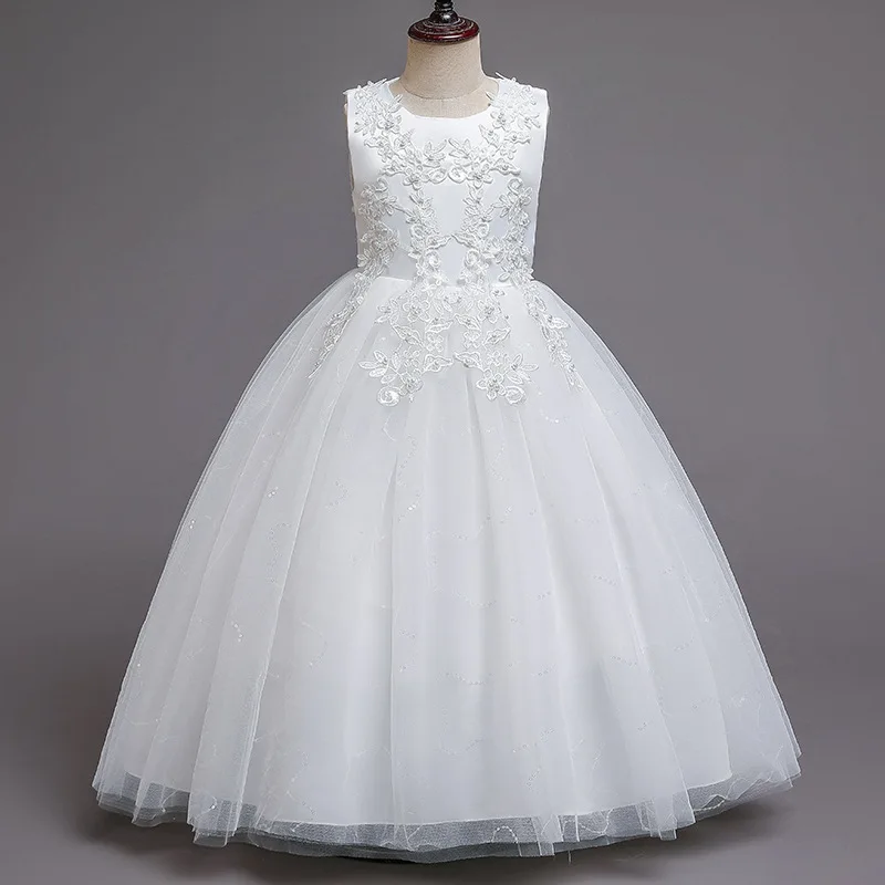 Vestido de princesa de flores y perlas de encaje blanco para niñas, vestido largo de noche Formal sin mangas para primera comunión, dama de honor, boda