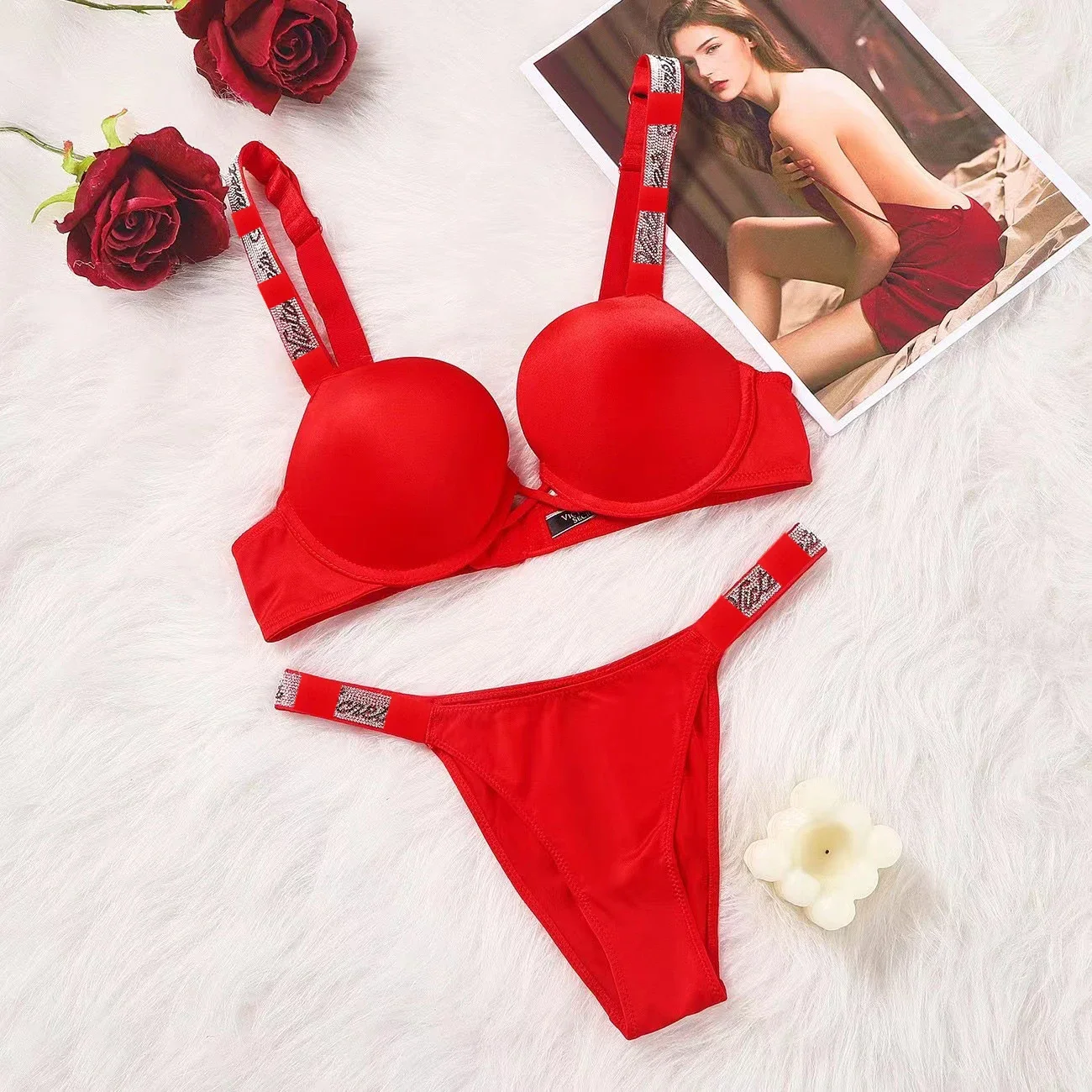 Sexy Push Up Bra and Panty 2 Pcs Sets Rhinestone Women Underwear Comfortable Brassiere Adjustable Gathered Lingerie Wholesale