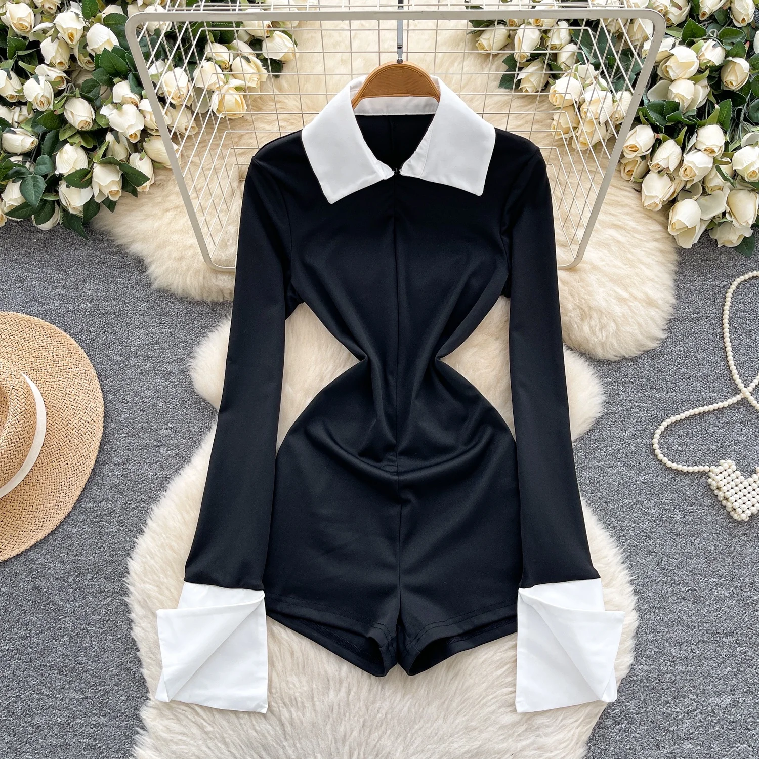 

Clothland Women Stylish Black Spliced Playsuits Zipper Long Sleeve Patchwork Stretchy Slim Female Sexy Jumpsuits KA506