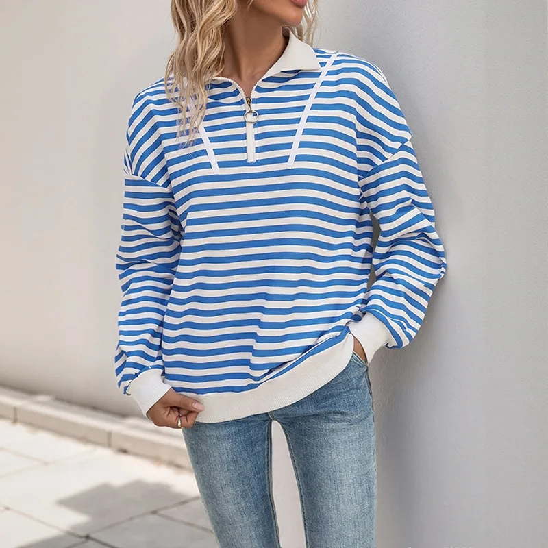 Women Striped Pullover Hoodie Loose Long Sleeve Autumn Winter Casual Zipper Polo Collar Sweatshirt