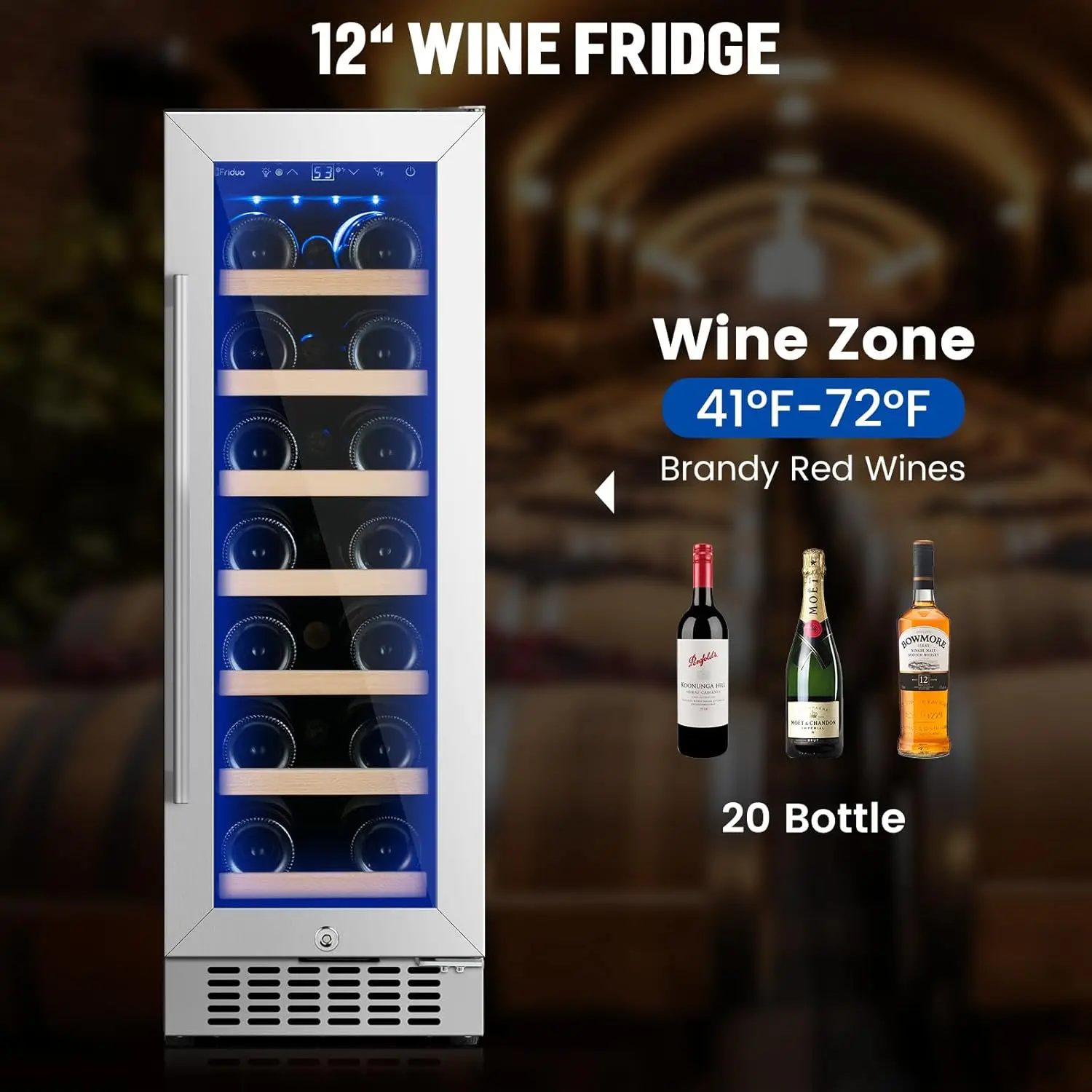 12 inch Wine Cooler Refrigerator 20 Bottles Built-in or Freestanding Red Wine Refrigerator with Tempered Glass Door, Low Noice C