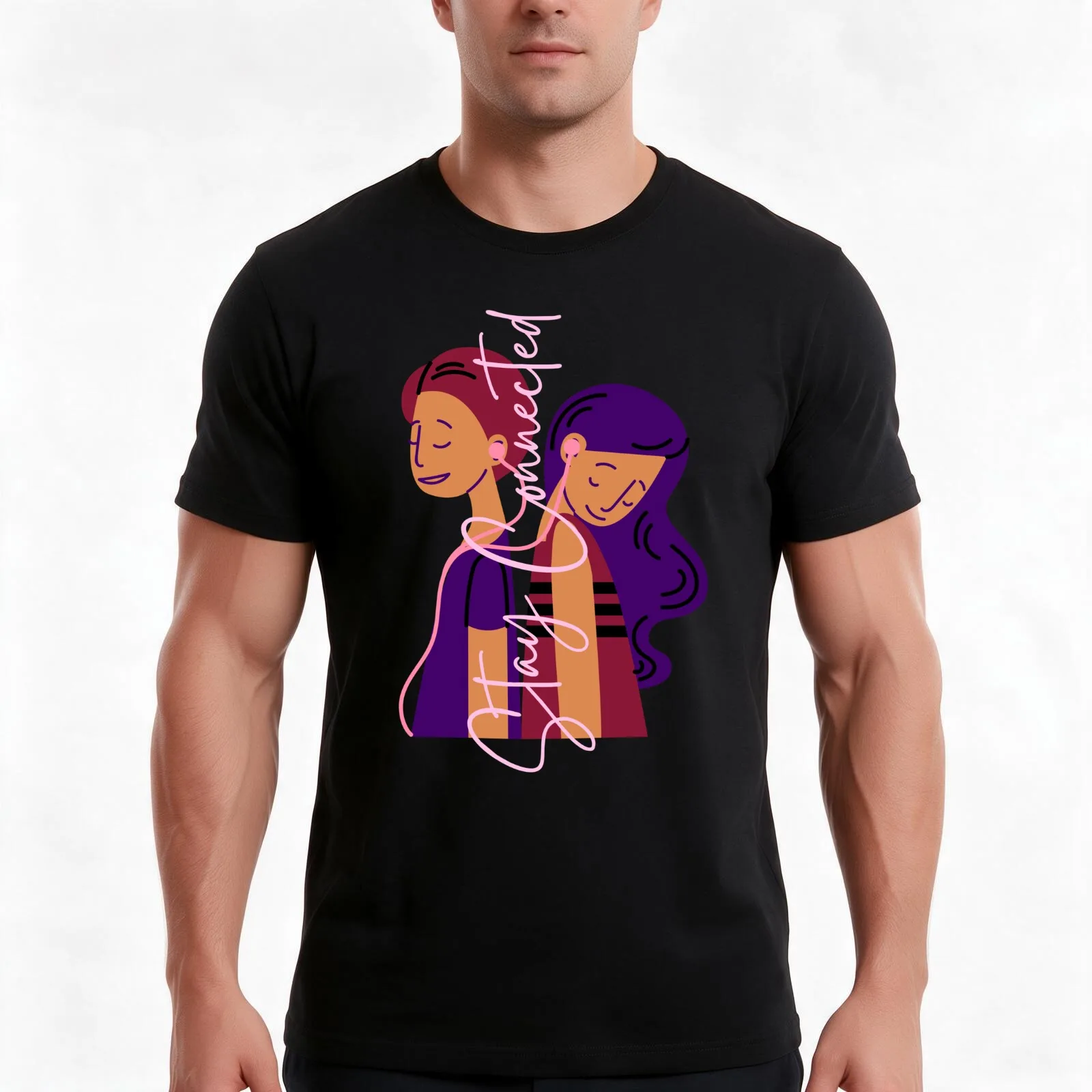 Stay Connected quote with Two Figures Wearing Pink Headphones T-Shirt, Summer Casual Cotton Tee, Oversized Streetwear Tops