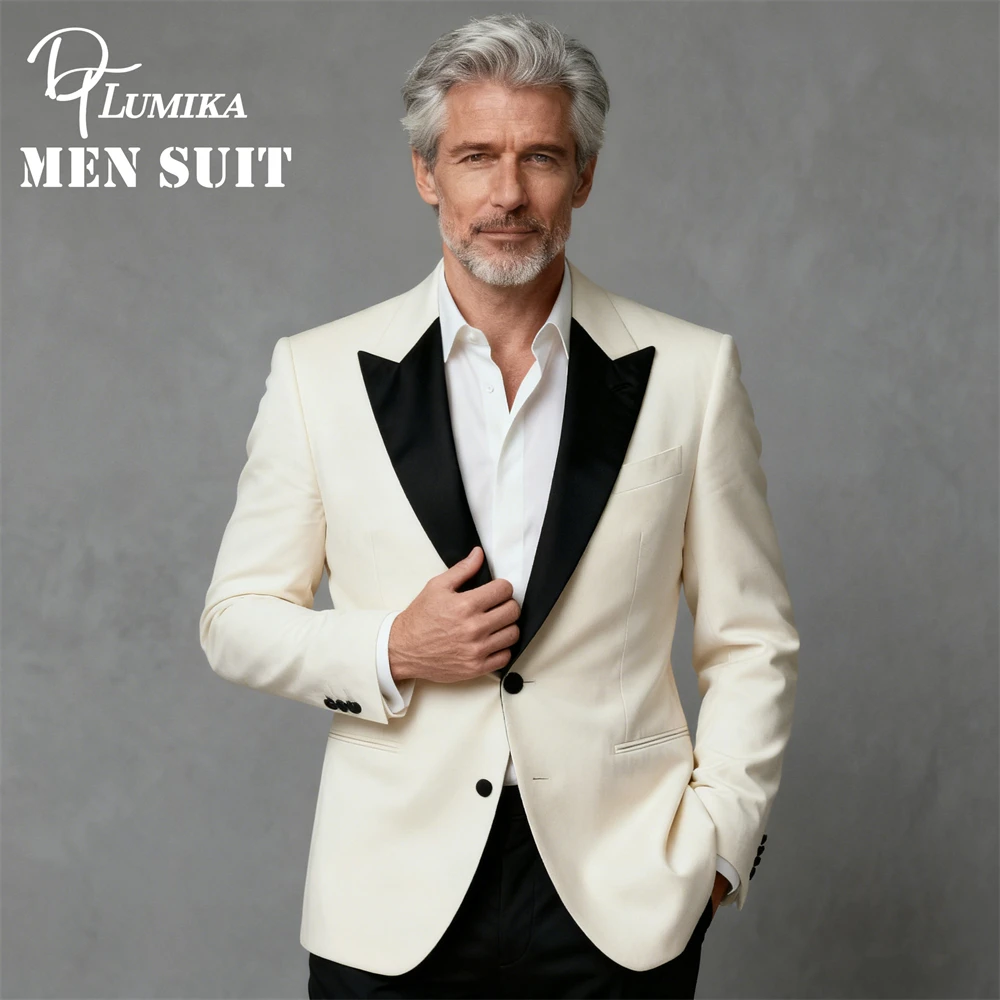 

DTLumika- Mens Formal Suit Jacket Beige Slim Fitting Suit Blazer with Classic Black Peak Lapels, Plus Size XXS-7XL Mens Suits