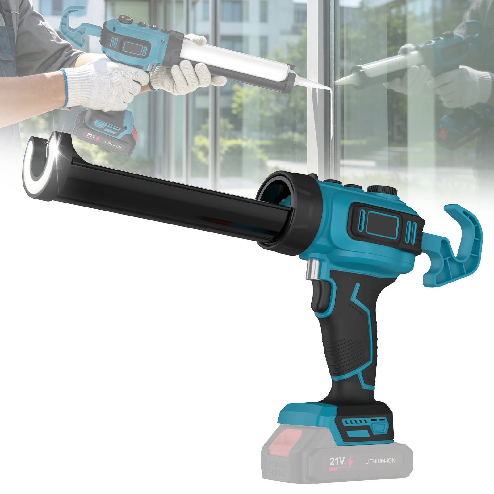 Pistola elettrica senza fili per sigillante per vetro, spinta massima 300 kg, velocità regolabile in modo continuo, 8500-18500 giri/min, funzione di inversione automatica, luce LED, adatta per