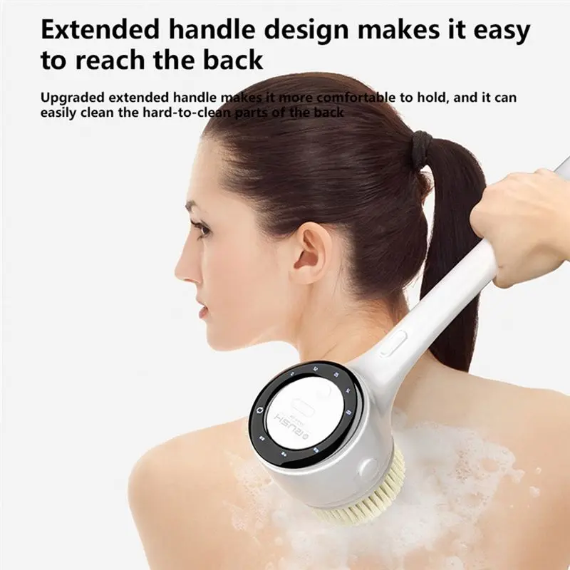 A23F-Digital Display Electric Bath Brush Auto Body Scrubber Waterproof Back Shower Tool Long Handle Rechargeable