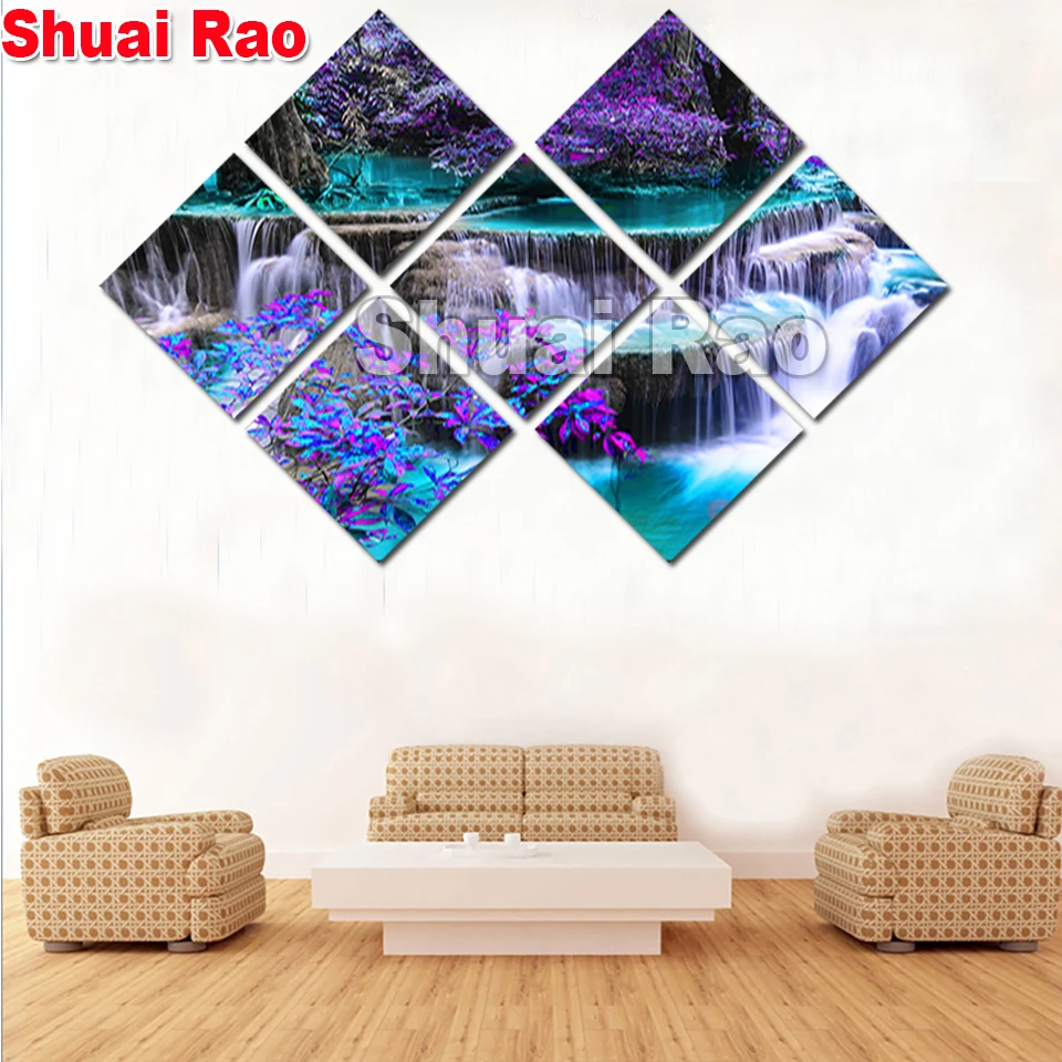 Peinture de diamant de cascade violette, art de mosaïque rond carré complet, arbre d'aviation, paysage, décor à la maison, 7 pièces