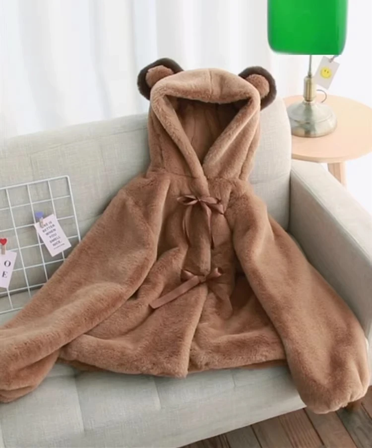 Kurtka zimowa 2025, nowa, miękka, pluszowa, w kolorze camel, dla uczennic, urocza, gruba, ze sztucznego futra, puszysta, z uszami misia, morelowa, codzienna, bawełniana.