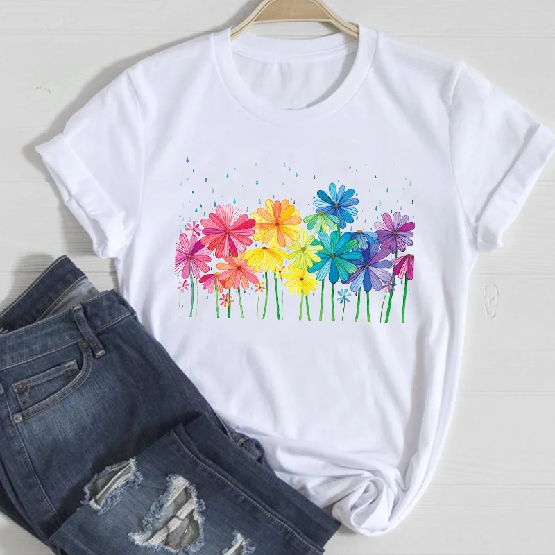 

T-shirts Women Flower Watercolor Fashion Clothing 2024 Short Sleeve Clothes Stylish Tshirt Top Lady Print Ladies Tee T-Shirt