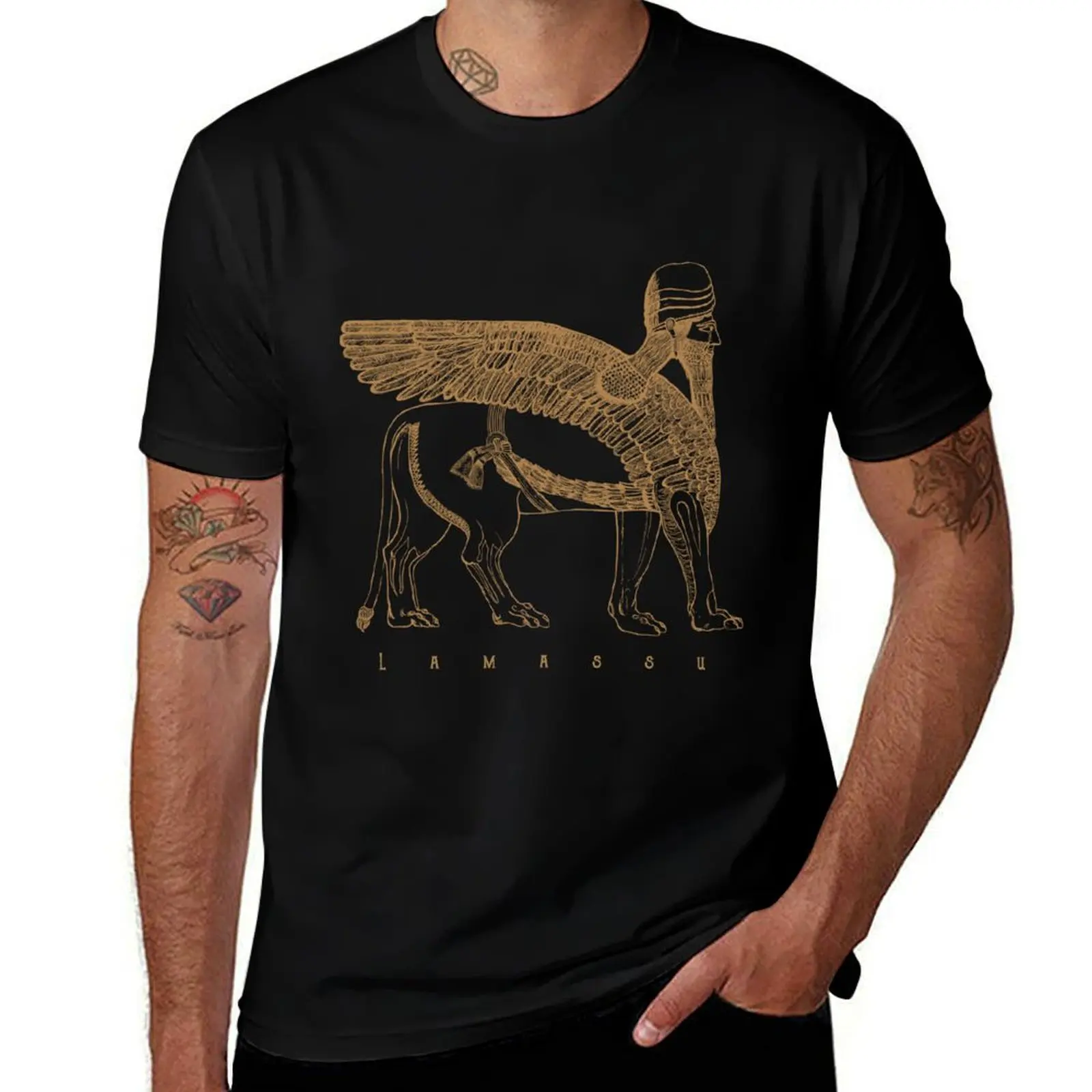 Lamassu Winged Lion Assyrian Sumerian Mesopotamia T-Shirt Simple Solid Color Crew Neck Tee T-Shirt