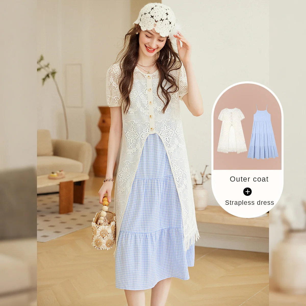 LOUIS YAO Age-Reducing Vacation Style Two Piece Set 2025 Sweet Retro Hollow Short Sleeve and Strap Dress Linen Woven Women's Set
