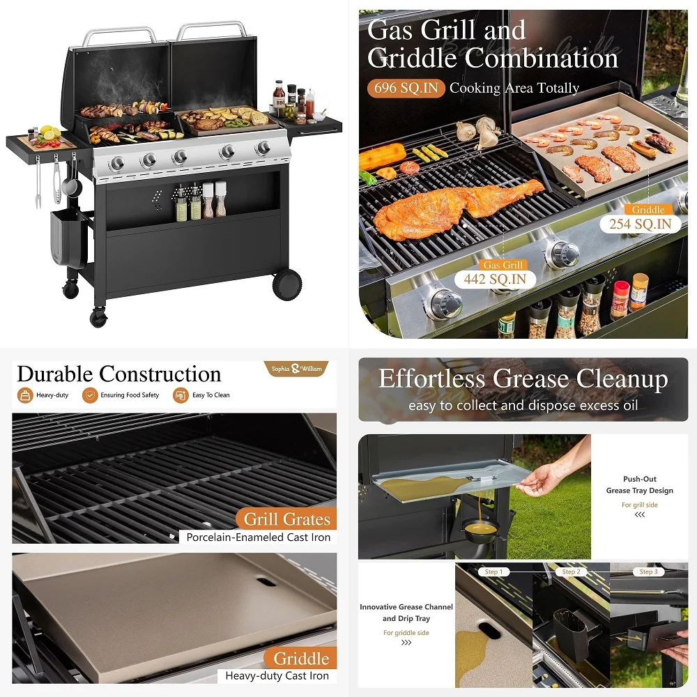

Propane Gas Grill and Griddle Combo with PorcelainEnameled Cast Iron Grates, Dual Outdoor BBQ Grill with Flat Top Griddle for B